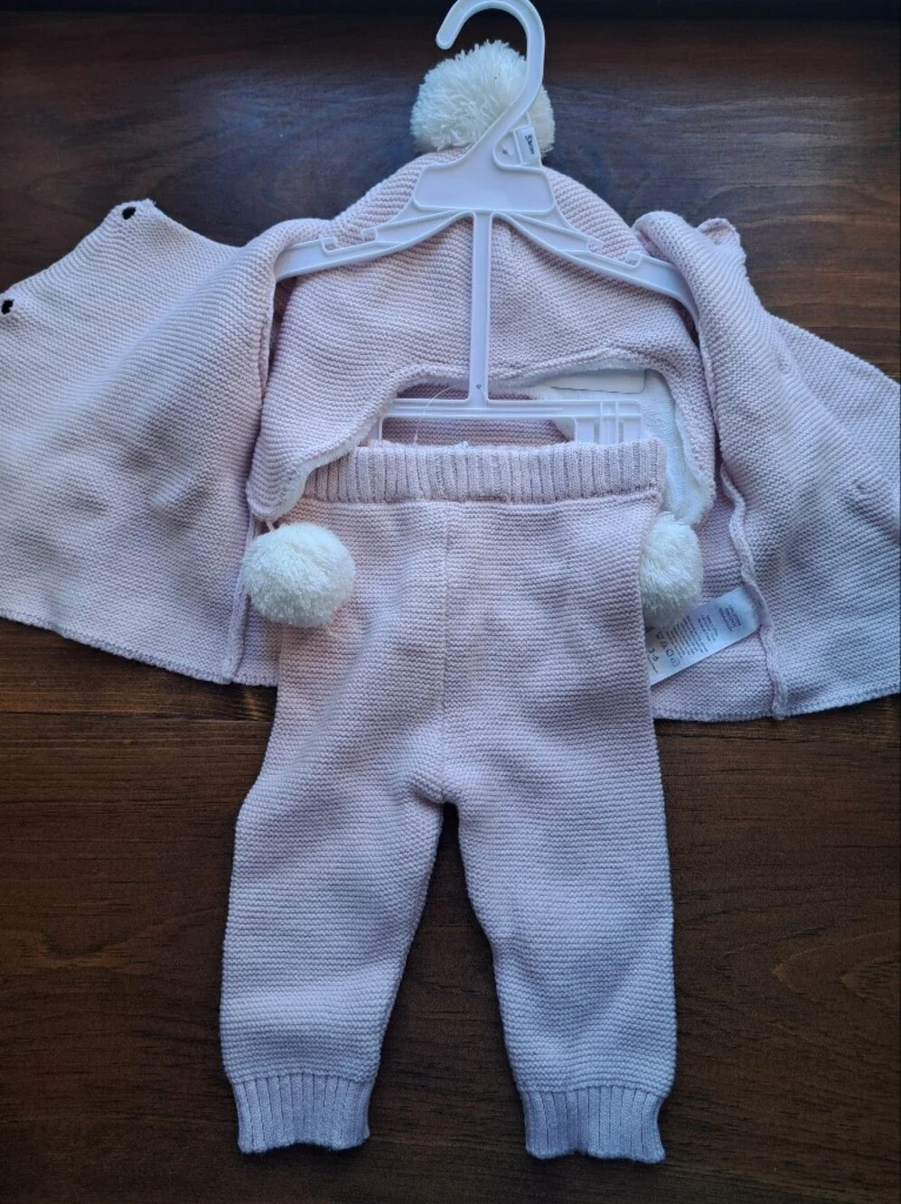 Baby Knit 3pc Set Cardigan Pants Pom Hat 3-6mo 100% Cotton Pink